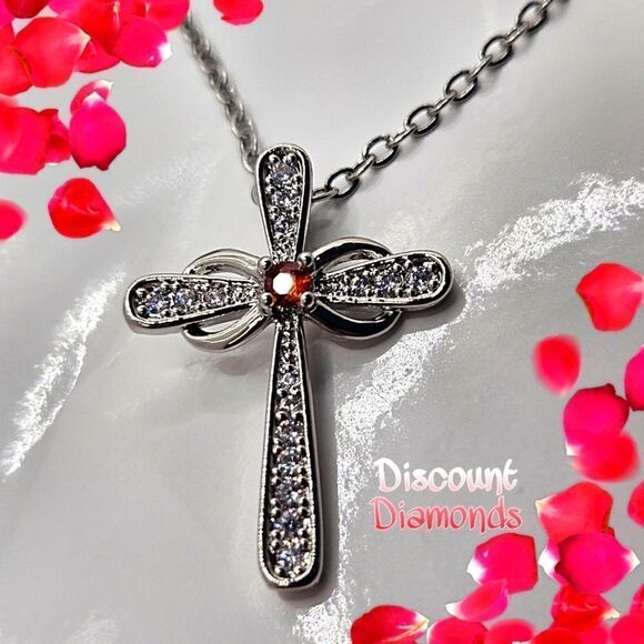 Clear White & Red Diamond Cross Pendant Necklace on 925 Silver - Picture 1 of 6